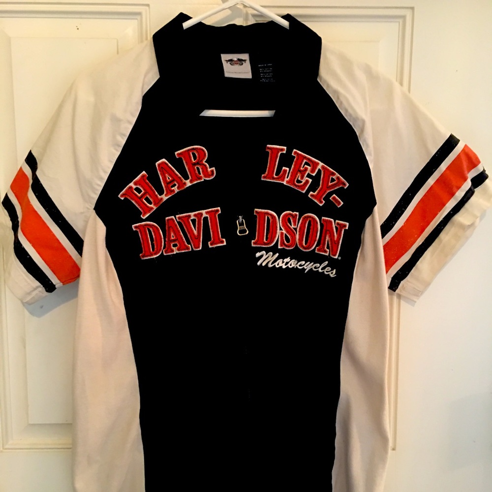Harley Davidson A Womens 1W Zip Up Garage Shirt Top Black Orange Biker Logo
